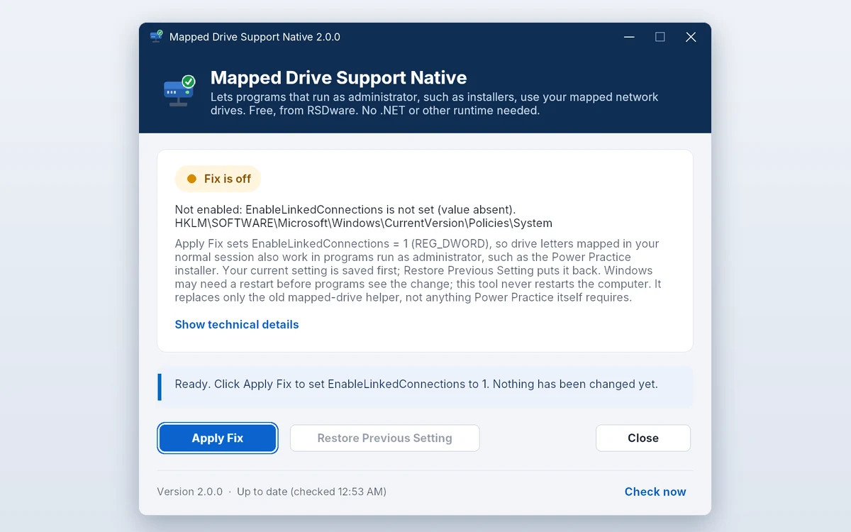 Mapped Drive Support Native showing that the fix is off, with the Apply Fix and Restore Previous Setting buttons
