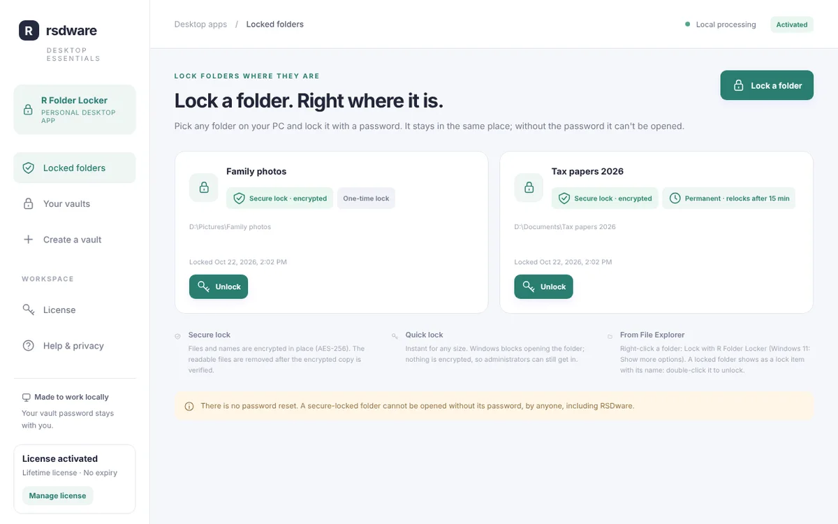 R Folder Locker showing two locked folders: one secure lock that relocks after 15 minutes, one one-time lock