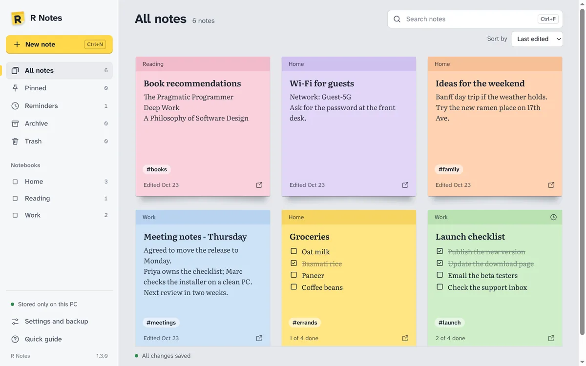 R Notes with notes in notebooks, a checklist and a reminder